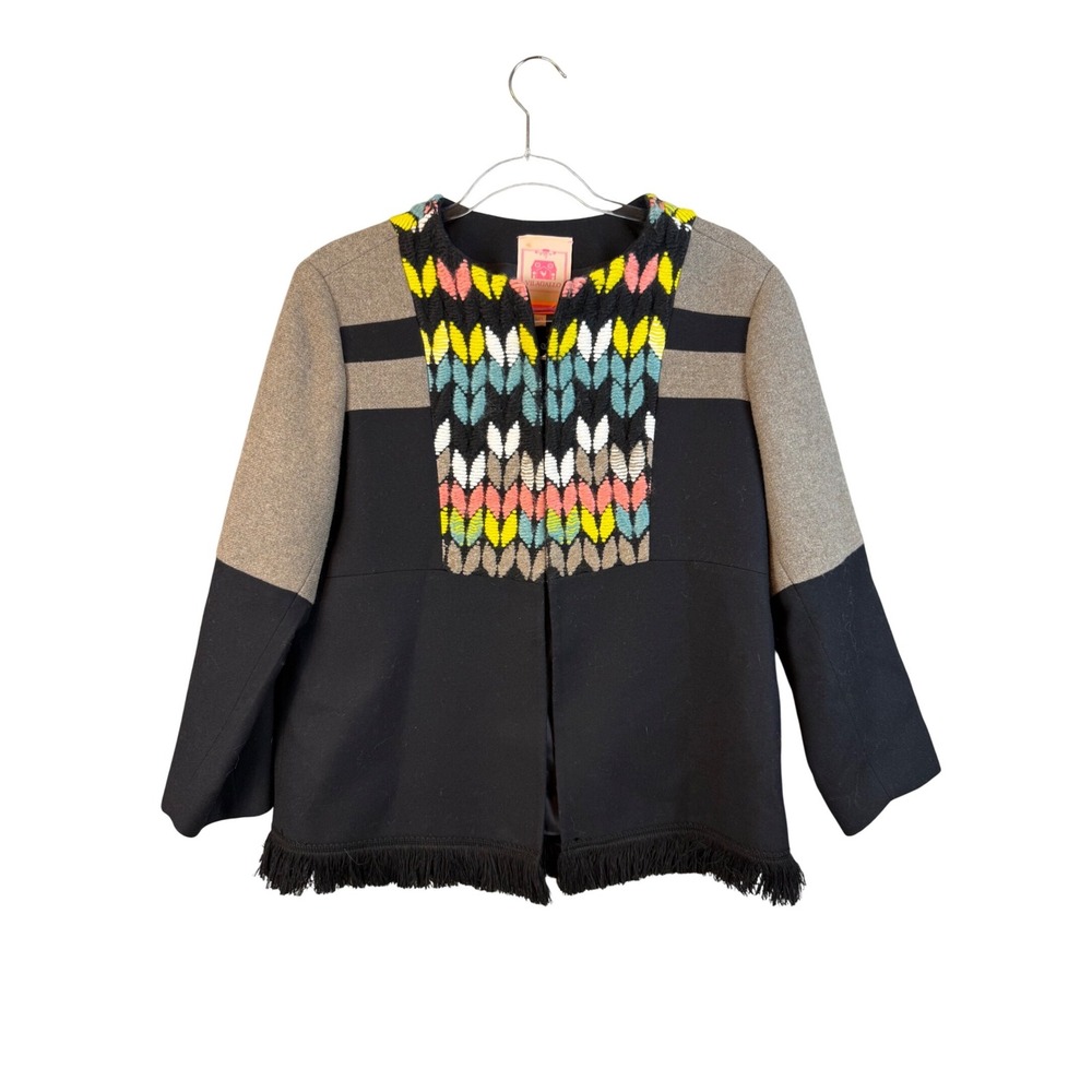 Vilagallo Wool Blend Colorblock Fringe Jacket Embroidered Spain Black Grey 42